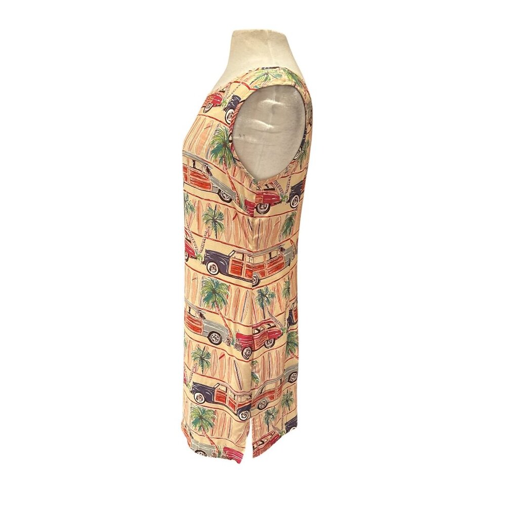Vintage-Inspired Sleeveless Dress With Surf Cars & Palm Trees Print Rayon Fabri - Picture 2 of 7